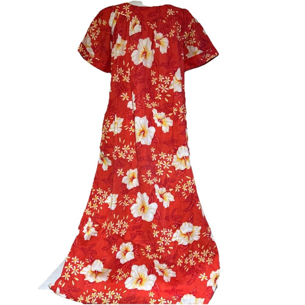 Vtg Sears Housecoat Red Floral 60s 70s Maxi Dress Mod Pockets Muumuu Hawaiian S - Picture 8 of 11